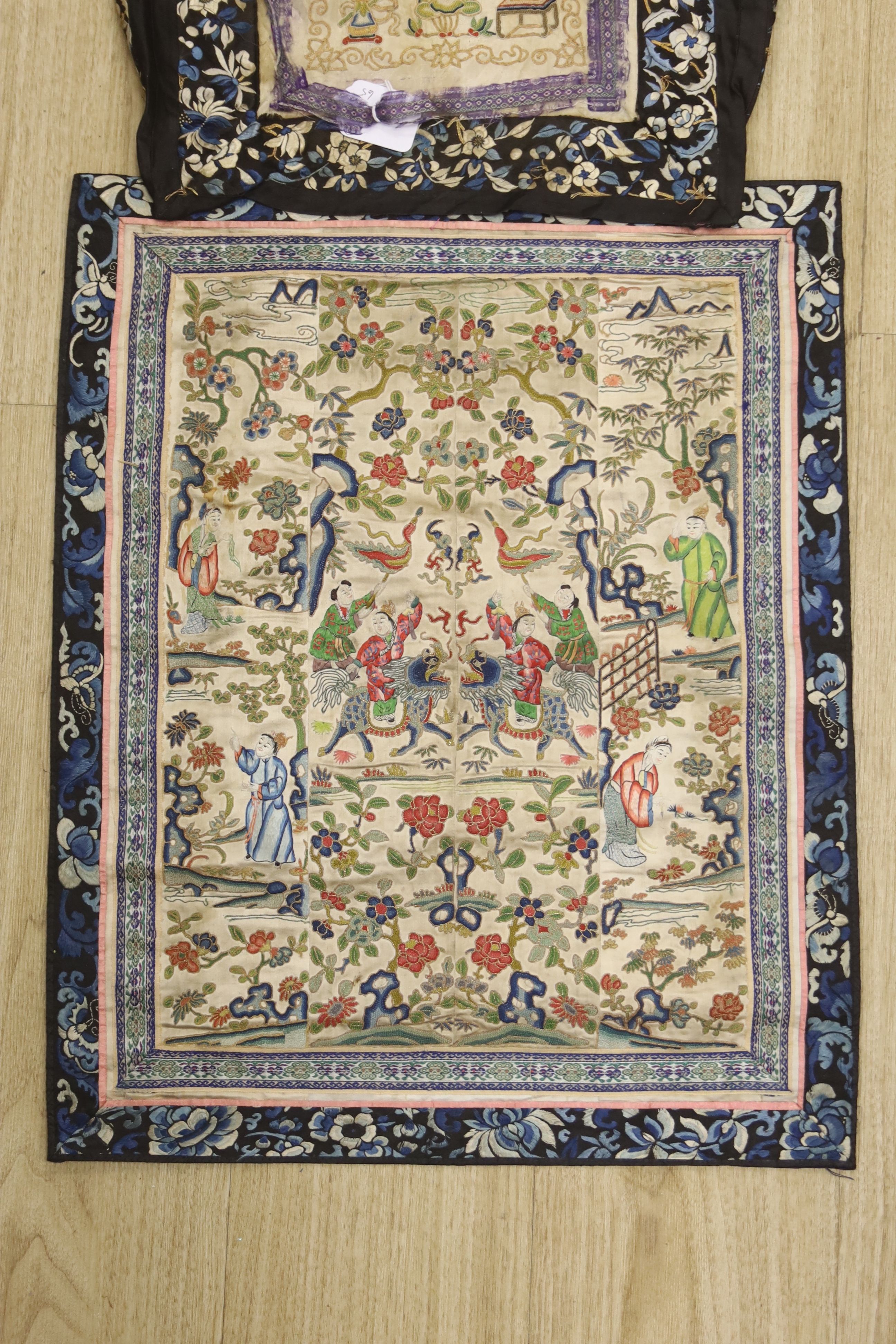 A 19th century Chinese silk embroidered panel, embroidered with Chinese knotting of a ceremonial scene and another